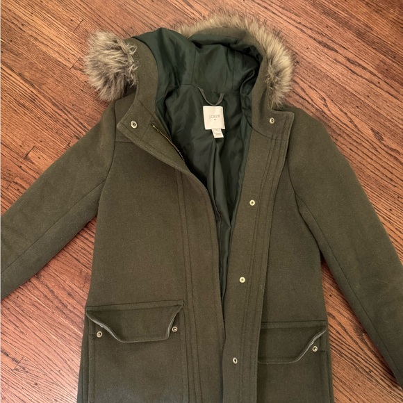 JCrew Factory green wool parka with fur hood size 00 - Picture 1 of 3